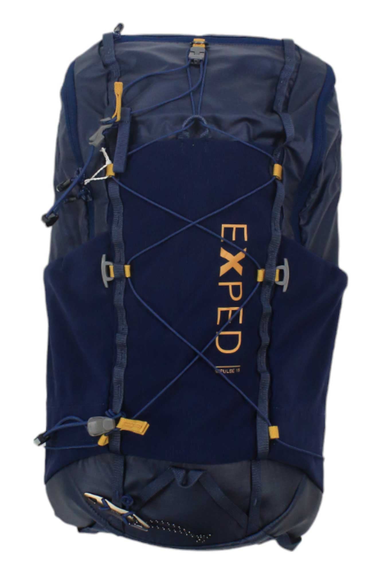 The Exped Impulse 15 Pack is a navy blue touring backpack with yellow accents, made from water-repellent ripstop nylon. It features adjustable straps, front bungee cords, hydration system compatibility, and EXPED printed vertically in yellow.