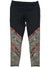 Women's Pillar Printed Leggings: Black moisture-wicking leggings made from recycled poly, featuring a solid black top and geometric zigzag and stripe patterns in black, white, brown, and olive green on the lower legs.