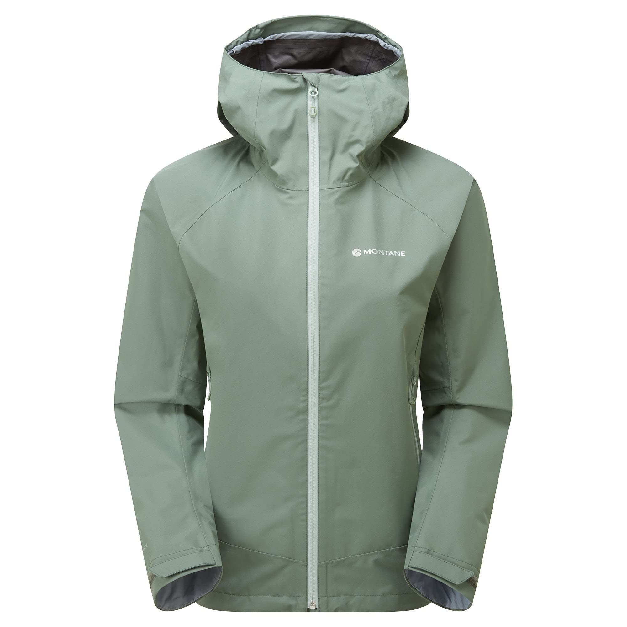 The Montane Women's Spirit Jacket Eucalyptus Size 6 is shown from the front against a white background, highlighting its lightweight weather protection, central zip, and side pockets.