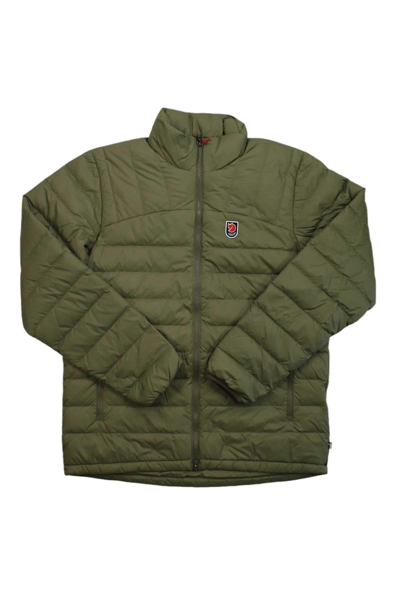 The Fjallraven Men's Expedition Pack Down Jacket is an olive green, quilted trekking jacket with a front zipper, long sleeves, stand-up collar, and a small red and white patch logo on the left chest.