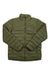 The Fjallraven Men's Expedition Pack Down Jacket is an olive green, quilted trekking jacket with a front zipper, long sleeves, stand-up collar, and a small red and white patch logo on the left chest.