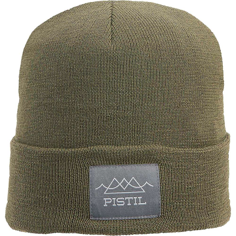 The Pistil Men's Morris Beanie in olive green has a folded brim and a gray patch with a mountain design and "PISTIL." Made from recycled polyester, this beanie offers eco-friendly warmth—ideal for hiking adventures.