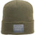 The Pistil Men's Morris Beanie in olive green has a folded brim and a gray patch with a mountain design and "PISTIL." Made from recycled polyester, this beanie offers eco-friendly warmth—ideal for hiking adventures.