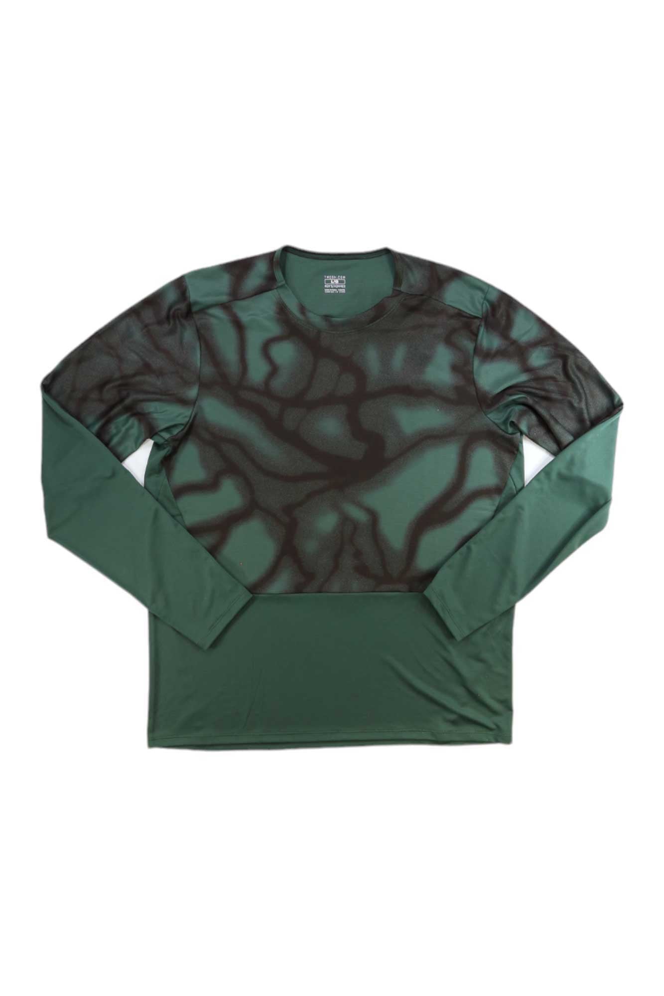 Men's long-sleeve green base shirt with dark graphic sleeves and front