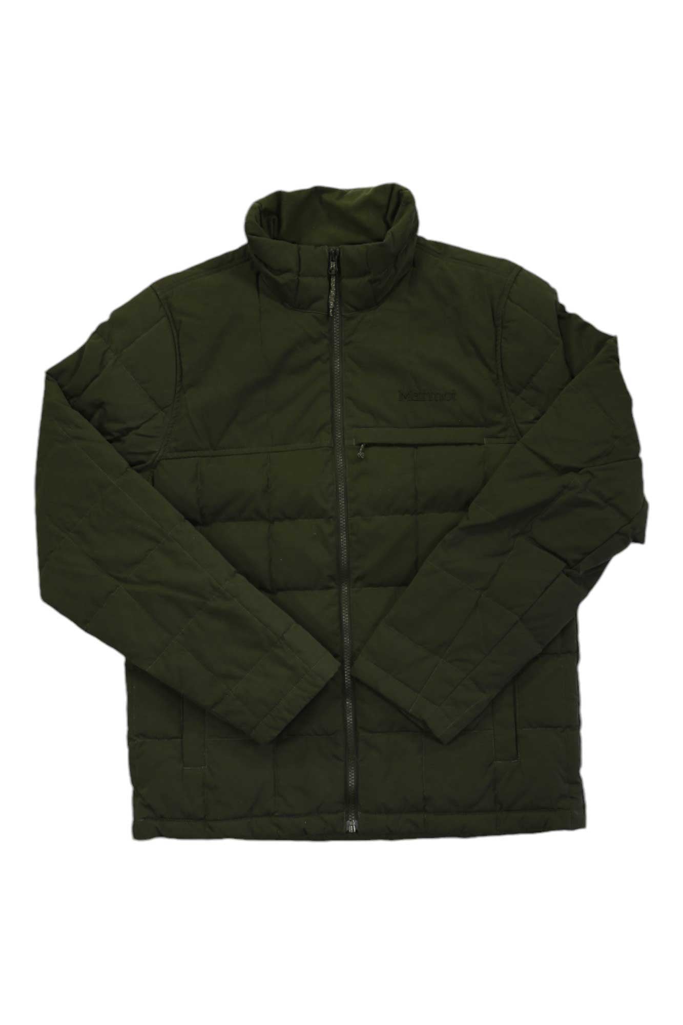 The Marmot Men's Burdell Jacket by Marmot is shown in olive green, laid flat on a white background. This midweight quilted jacket features 600 fill down insulation, a front zipper closure, standing collar, and long sleeves.