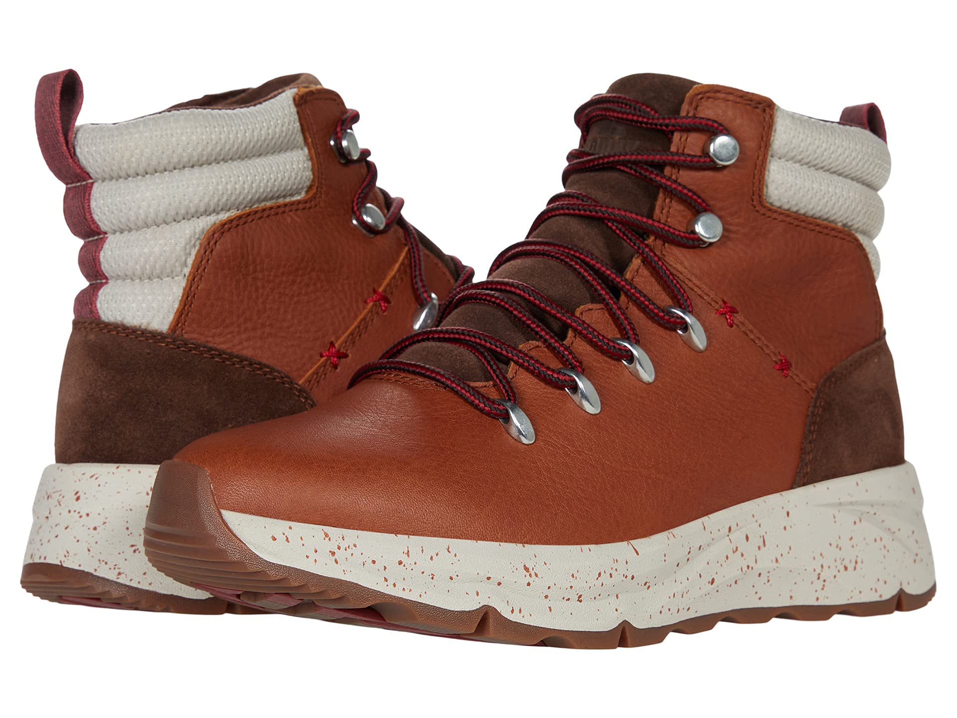 A pair of Kodiak Kindersley Alpine Winter Boots in brown leather with cream padded collars, red laces, suede accents, and thick white speckled soles are shown side by side on a white background.