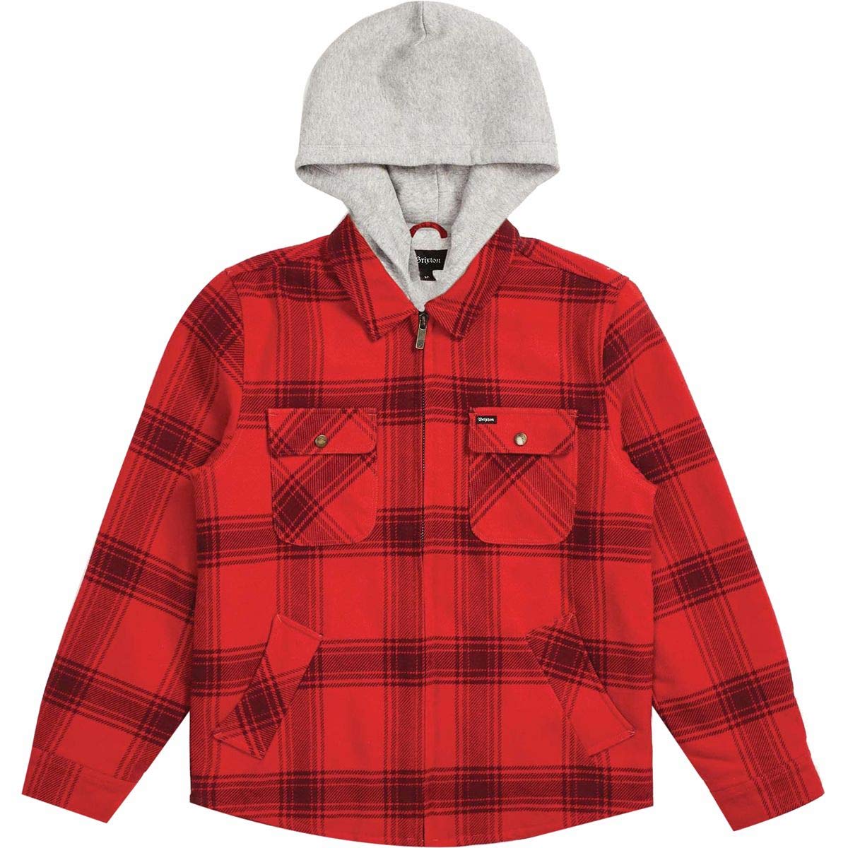 The Brixton Bowery Men's Jacket in Red/Black features a front zipper, buttoned chest pockets, two side pockets, and a cozy gray hood.