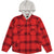 The Brixton Bowery Men's Jacket in Red/Black features a front zipper, buttoned chest pockets, two side pockets, and a cozy gray hood.