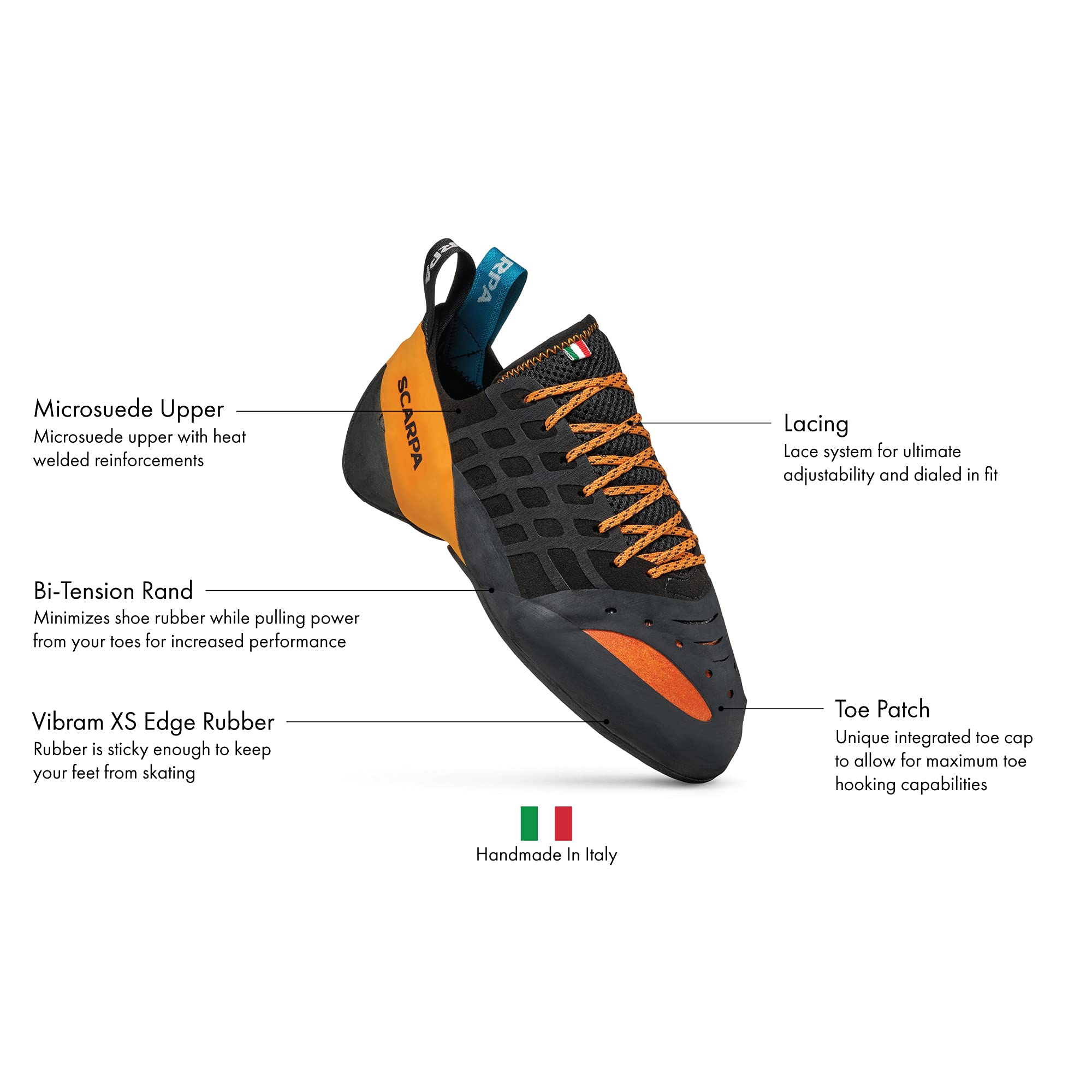 The SCARPA Instinct Lace Rock Climbing Shoes in black/orange feature a microsuede upper, lacing system, Bi-Tension rand, Vibram XS Edge Rubber for sport climbing, a toe patch, and "Handmade in Italy" with an Italian flag icon.