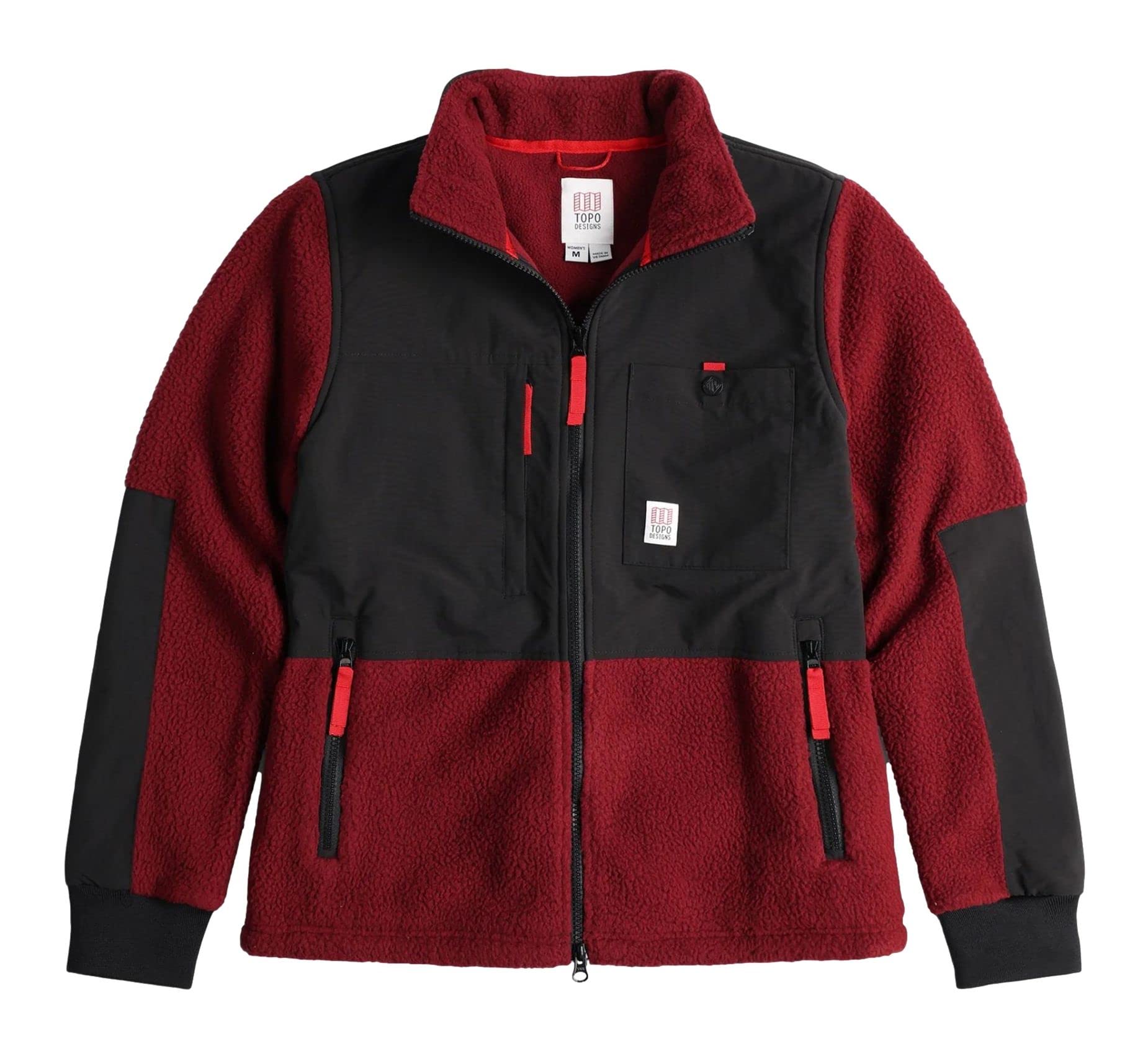 The Women's Burgundy/Black Subalpine Fleece Jacket - Large features a zip-up design, Polartec sherpa fleece, multiple front pockets, high collar, chest logo patch, and burgundy sleeves and body with a black top.
