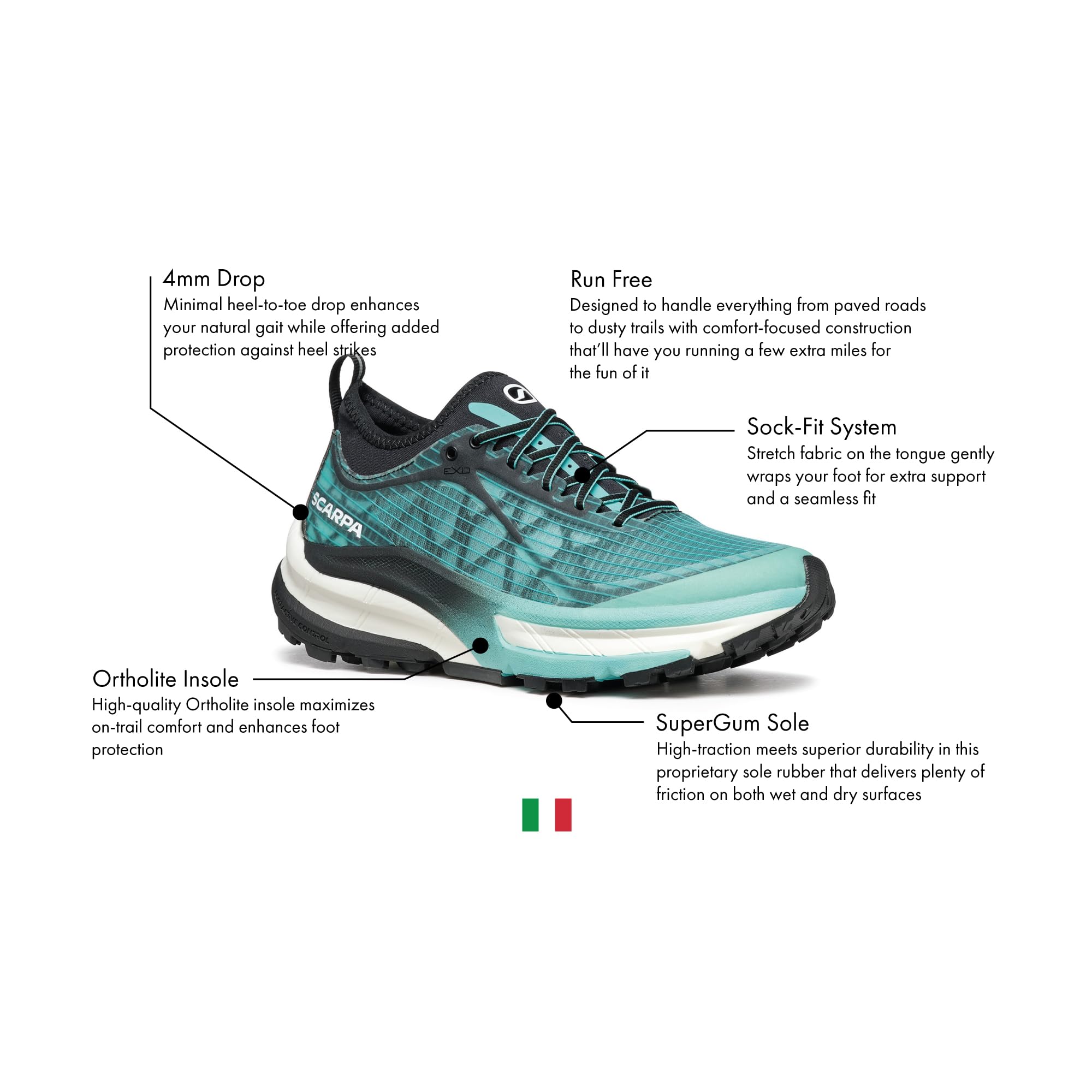 The SCARPA Women's Golden Gate ATR Trail Shoes in Aruba Blue/Black feature a 4mm drop, Ortholite insole, run-free comfort, Sock-Fit system, SuperGum sole, and a small Italian flag beneath the shoe.