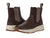 The Kodiak Takla Dark Brown Chelsea Boot - 7.5 M features stretch side panels, pull tabs, a mix of suede and leather textures, and thick white speckled rubber soles with grooved brown outsoles for easy slip-on style.