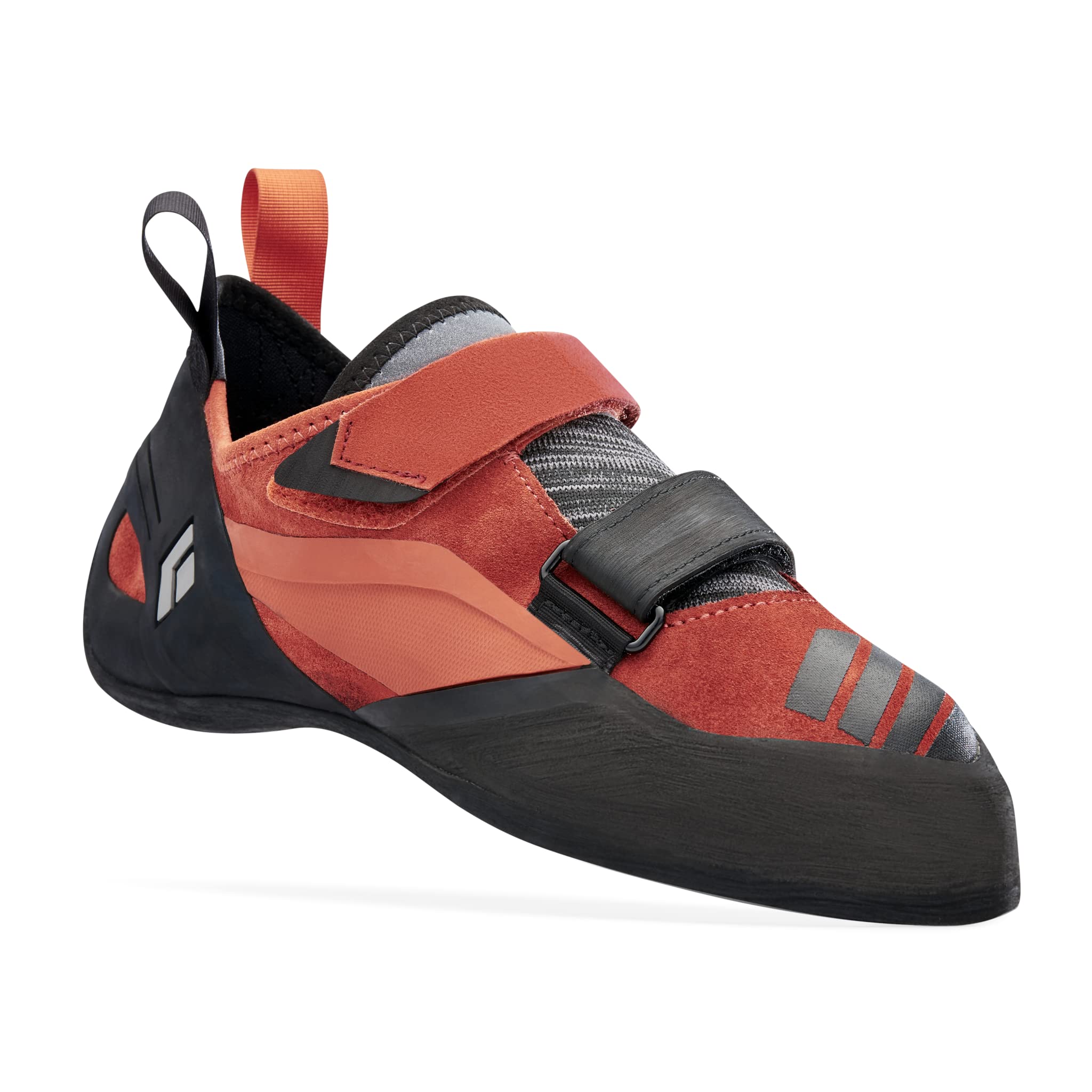 The Focus Mens Climbing Shoes in red and black offer two hook-and-loop straps, a reinforced toe, heel pull tab, and the Black Diamond logo—ideal for peak climbing performance.
