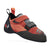 The Focus Men's Climbing Shoes feature a red and black design with two Velcro straps, an orange pull loop at the heel, geometric patterns, a logo on the side, and a durable black rubber sole.