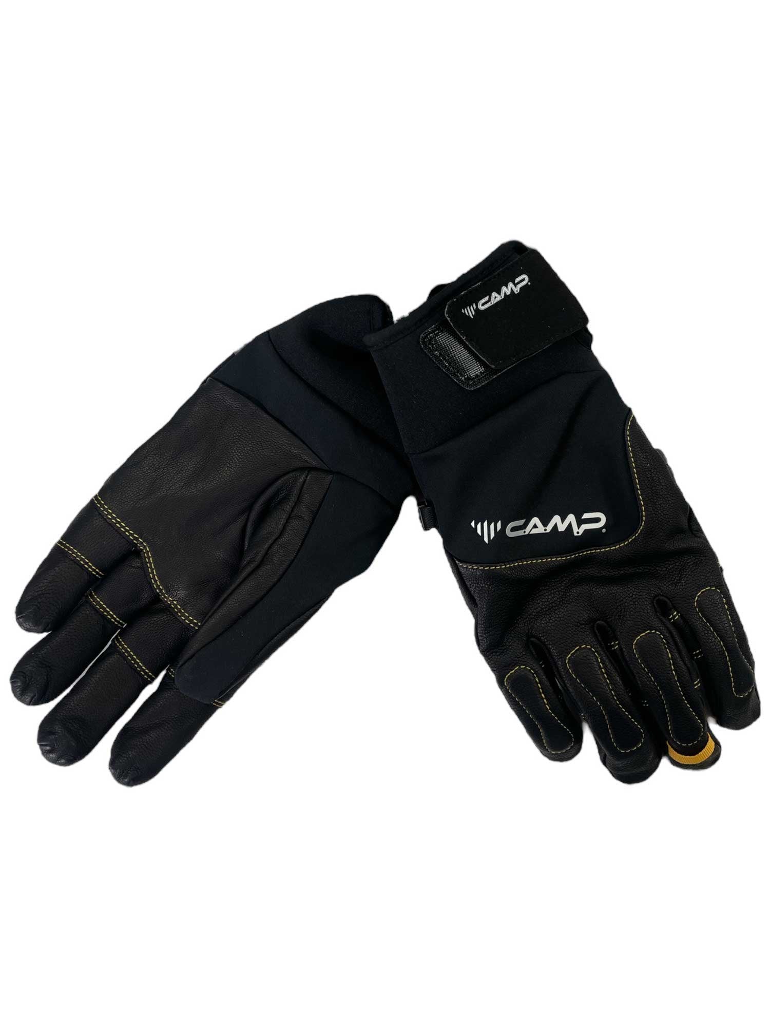 A pair of black Camp USA Geko Guide Gloves with reinforced palms, yellow stitching, and Velcro wrist straps are displayed side by side on a white background.