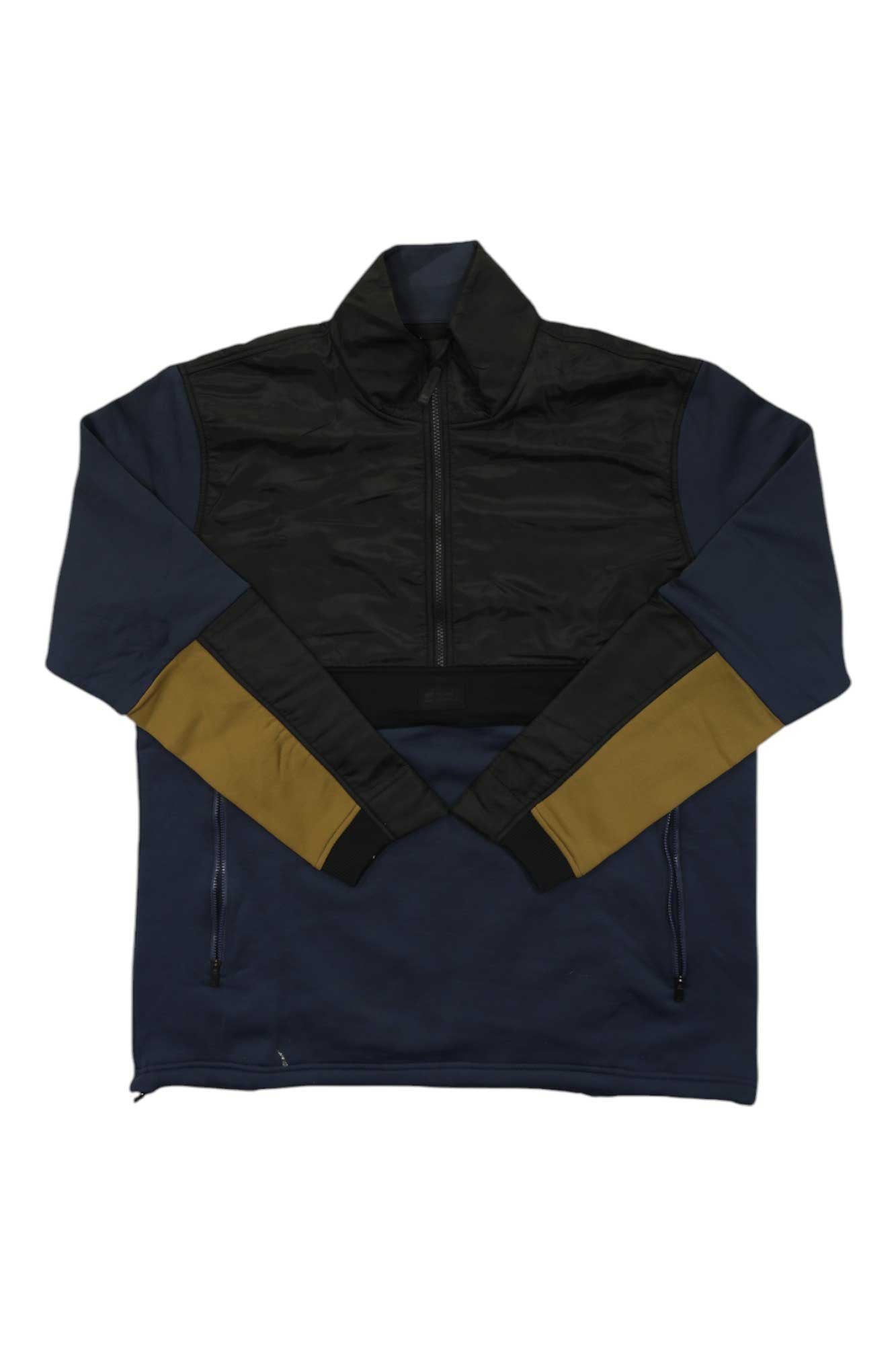 Men's mid pullover half-zip in dark navy with black panels and olive arm stripe