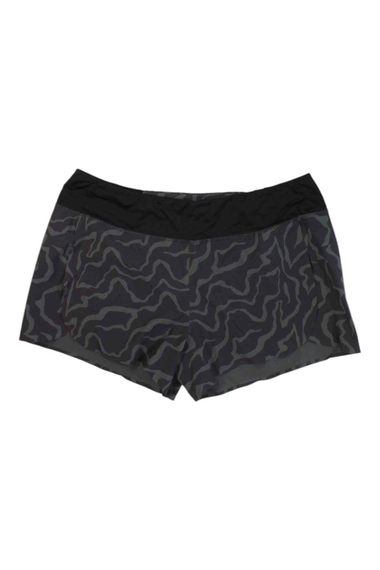 Women’s stretch surf shorts, dark camo wavy pattern, black waistband, mid-thigh length