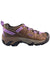 KEEN waterproof trail shoe, angled side view with purple strap and cushioned outsole