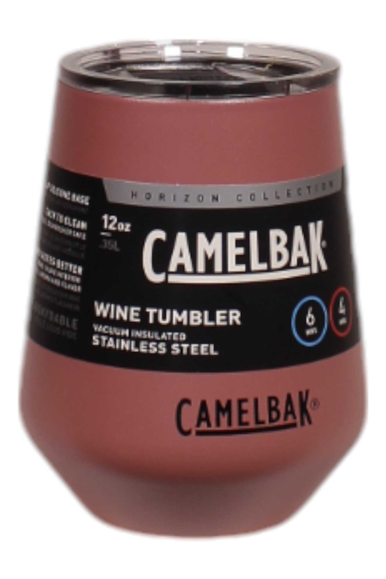 The CamelBak SST Vacuum Insulated 12oz Wine Tumbler features stainless steel construction, a rose finish, a clear spill-resistant lid, and is part of the Horizon Collection.