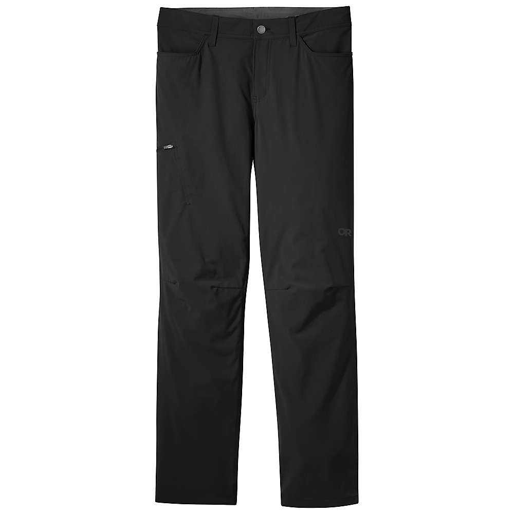 Men's black outdoor pants with zip fly, button closure, and belt loops