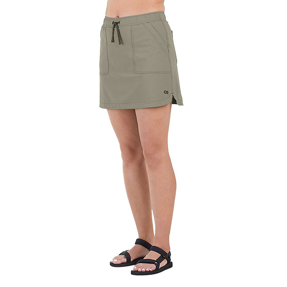 Outdoor Research Ferrosi skort, gray, side view on model, pull-on waist and front pocket seams