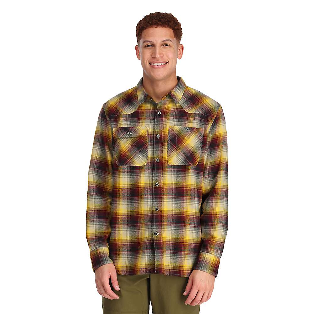 Men's plaid button-up shirt with long sleeves, collar, and two chest flap pockets