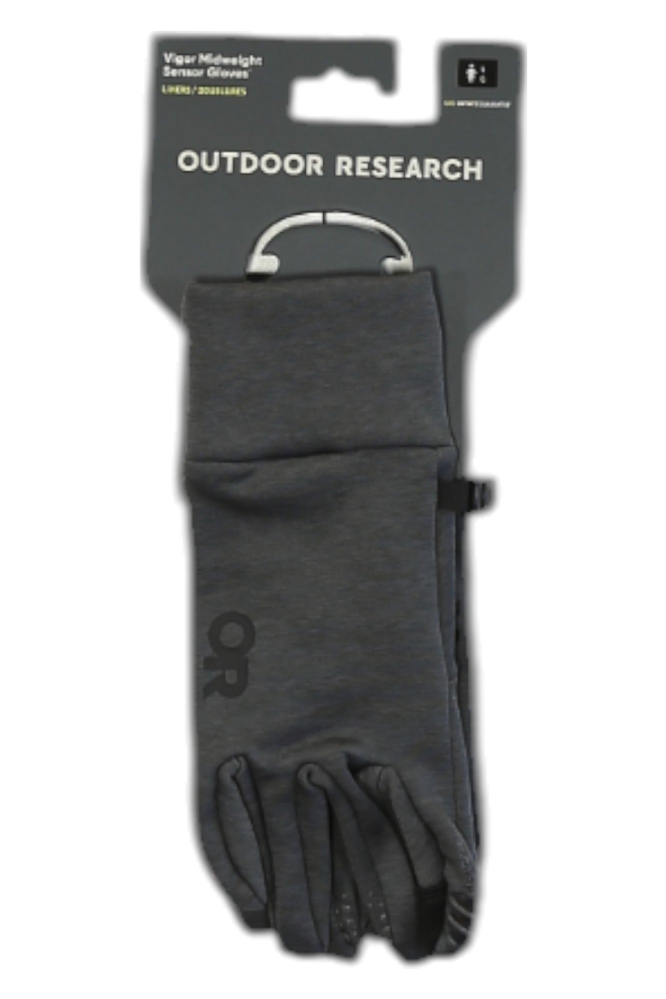 A pair of Outdoor Research Womens Vigor Midweight Sensor Gloves in dark gray, shown in packaging with the brand name and product details visible at the top.