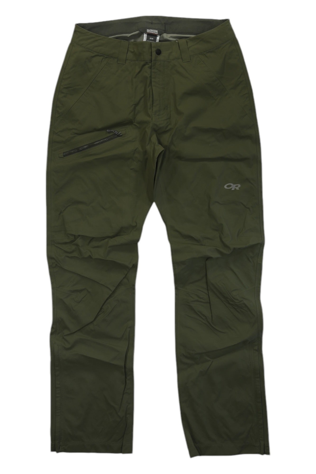 The Outdoor Research Men's Prologue Storm Pant is an olive green, lightweight, and breathable hiking pant featuring a zippered right thigh pocket, front fly, and the OR logo on the left thigh—ideal for hiking or any outdoor activity.