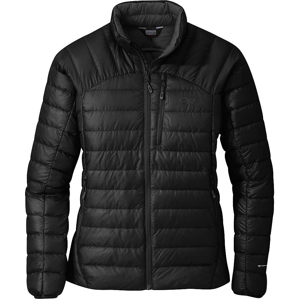 Women's black puffer down jacket with full-zip and stand collar.