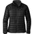 Women's black puffer down jacket with full-zip and stand collar.