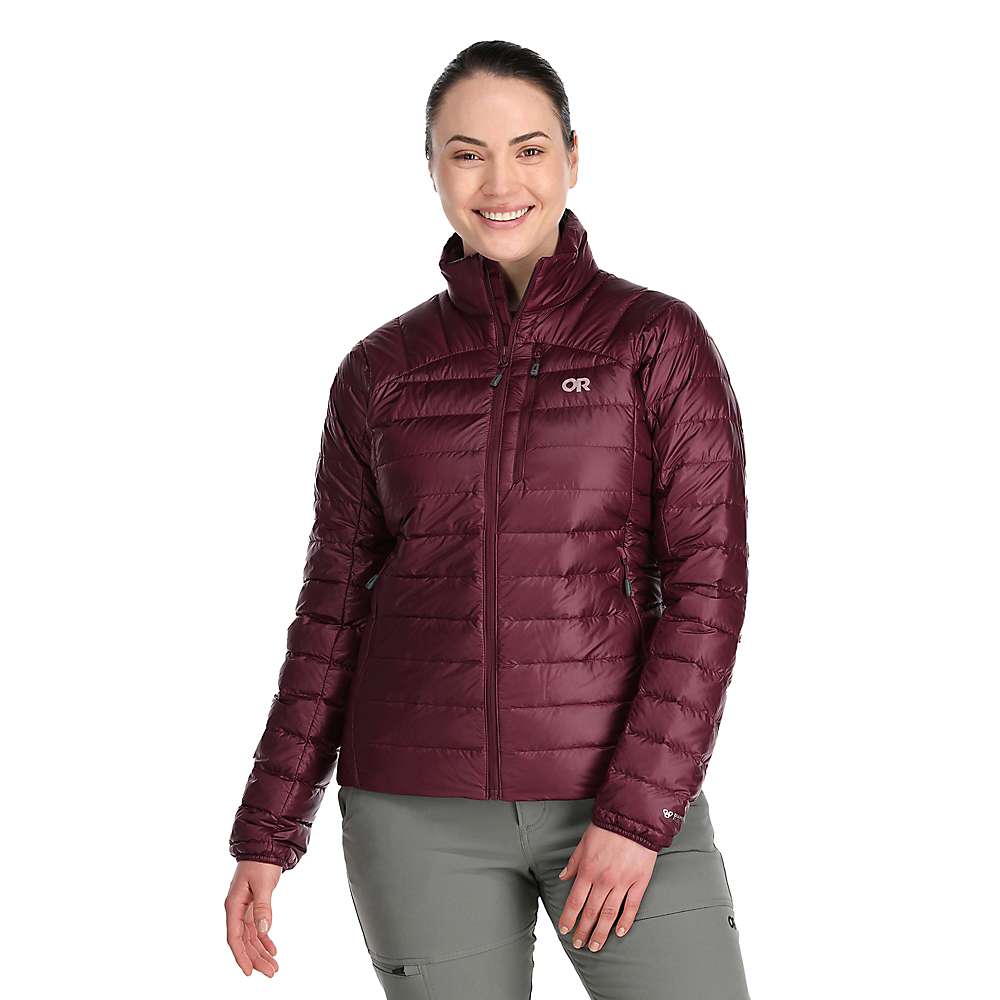 Women's burgundy puffer down jacket with full-zip, stand collar, chest logo.