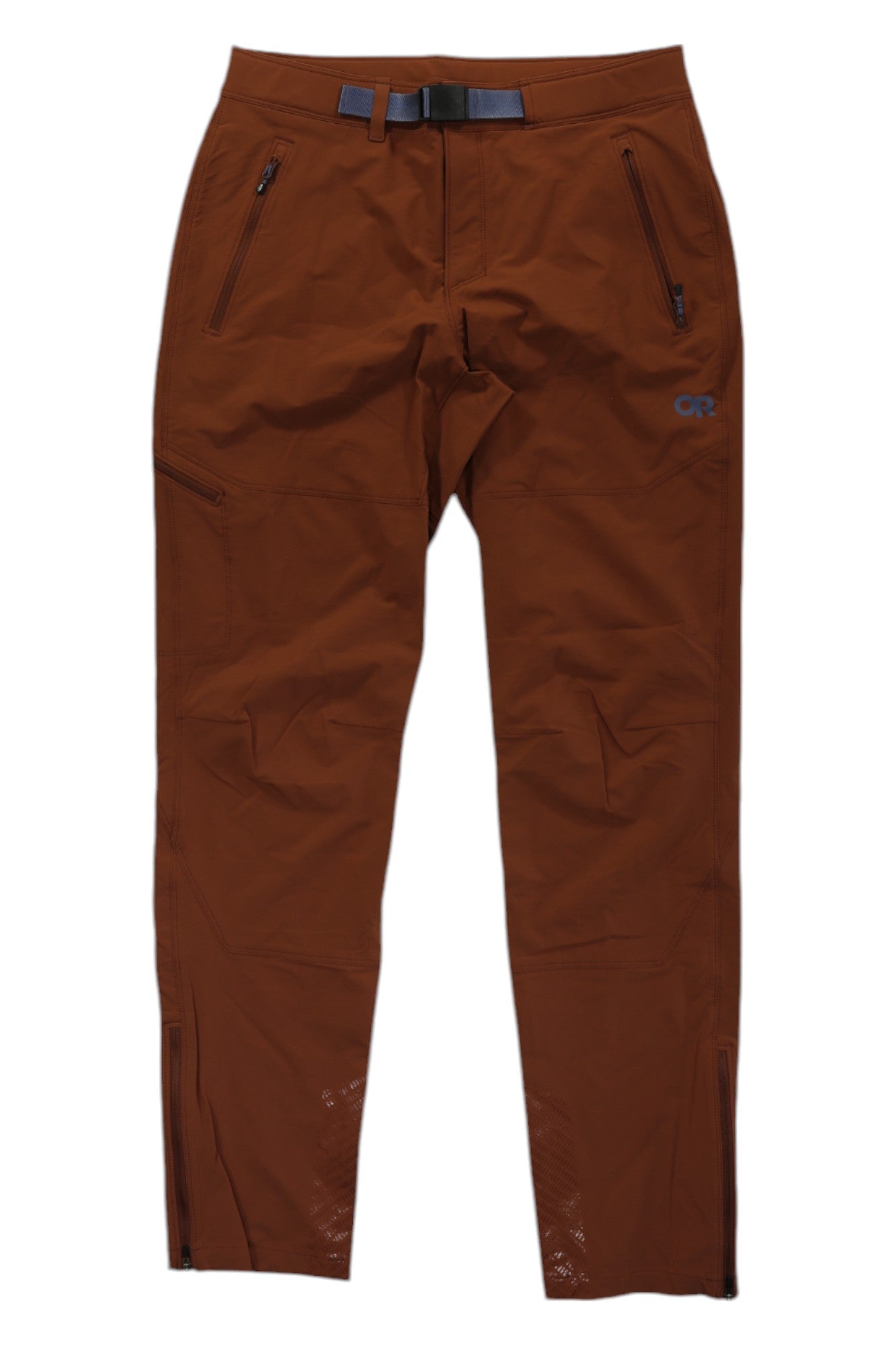 Outdoor Research Mens Cirque Lite Pant: brown, breathable hiking pants with zippered front pockets, a black integrated belt, and fitted legs, shown on a white background.