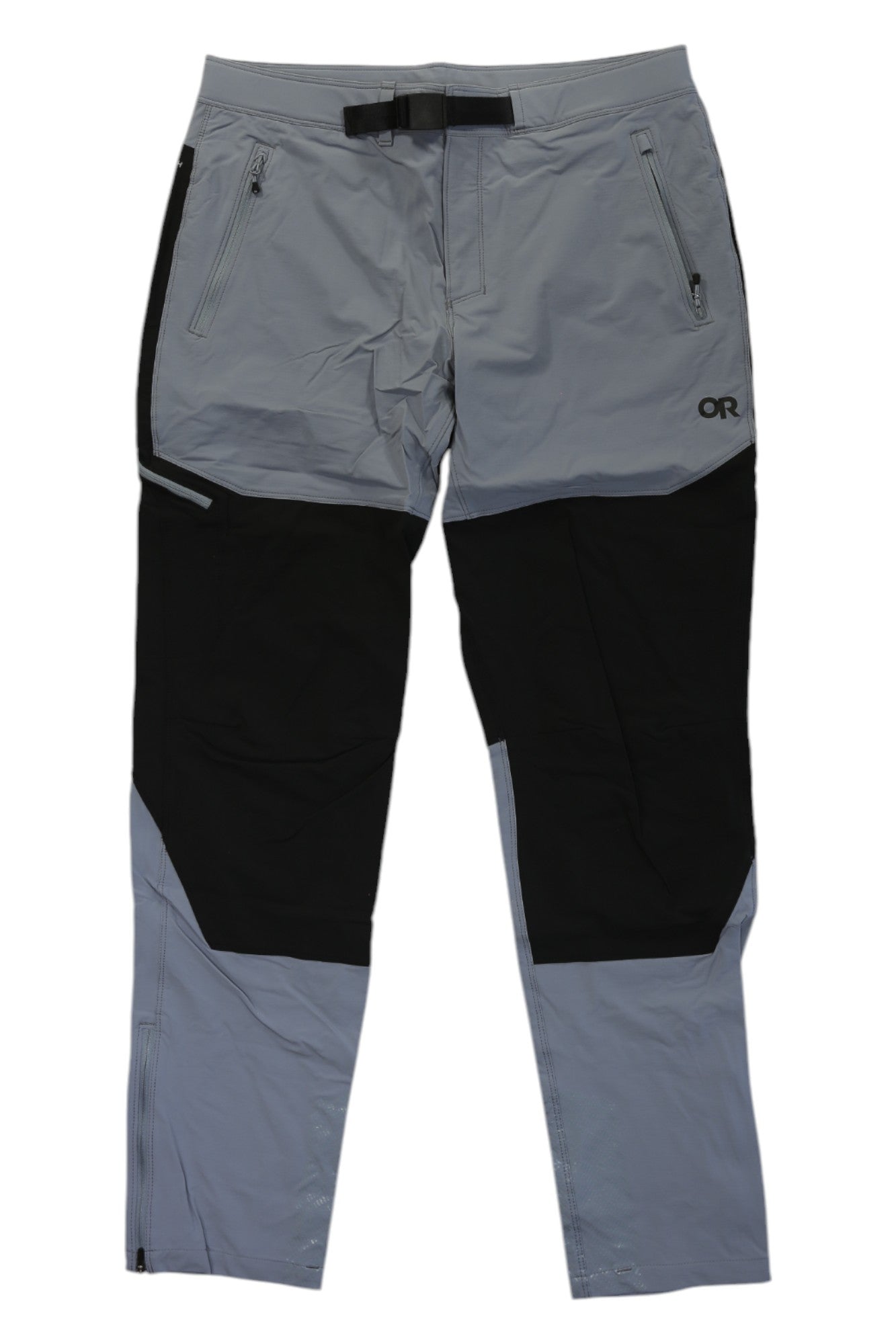 The Outdoor Research Men's Cirque Lite Pant features gray, breathable fabric with black knee and thigh patches, zippered pockets, an adjustable belt, and a logo on the right thigh—ideal for outdoor adventures.