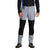 A person stands facing forward, showing only the lower body while wearing Outdoor Research Mens Cirque Lite Pant in a gray and black color-blocked style, paired with hiking shoes and a black long-sleeve shirt with blue accents.