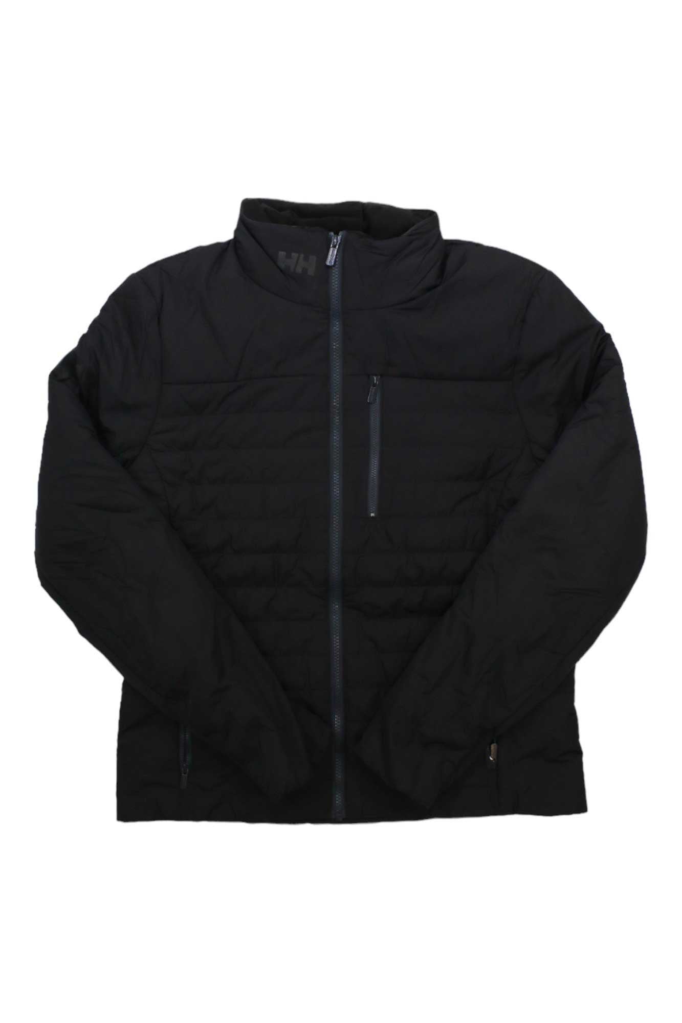 The Helly Hansen Mens Crew Insulator 2.0 Jacket is shown in black with quilting, long sleeves, a front zipper, high collar, and zippered chest pocket—an ideal insulated sailing jacket displayed flat on a white background.