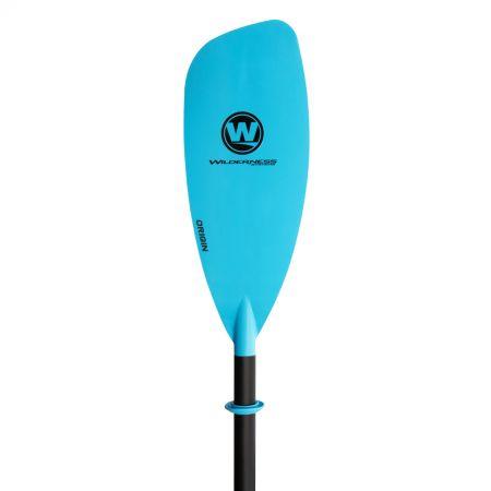 The Wilderness Systems Origin Touring Glass Paddle features a blue fiberglass-reinforced blade with the logo and "Origin" printed on it, attached to a black adjustable shaft, shown against a white background.