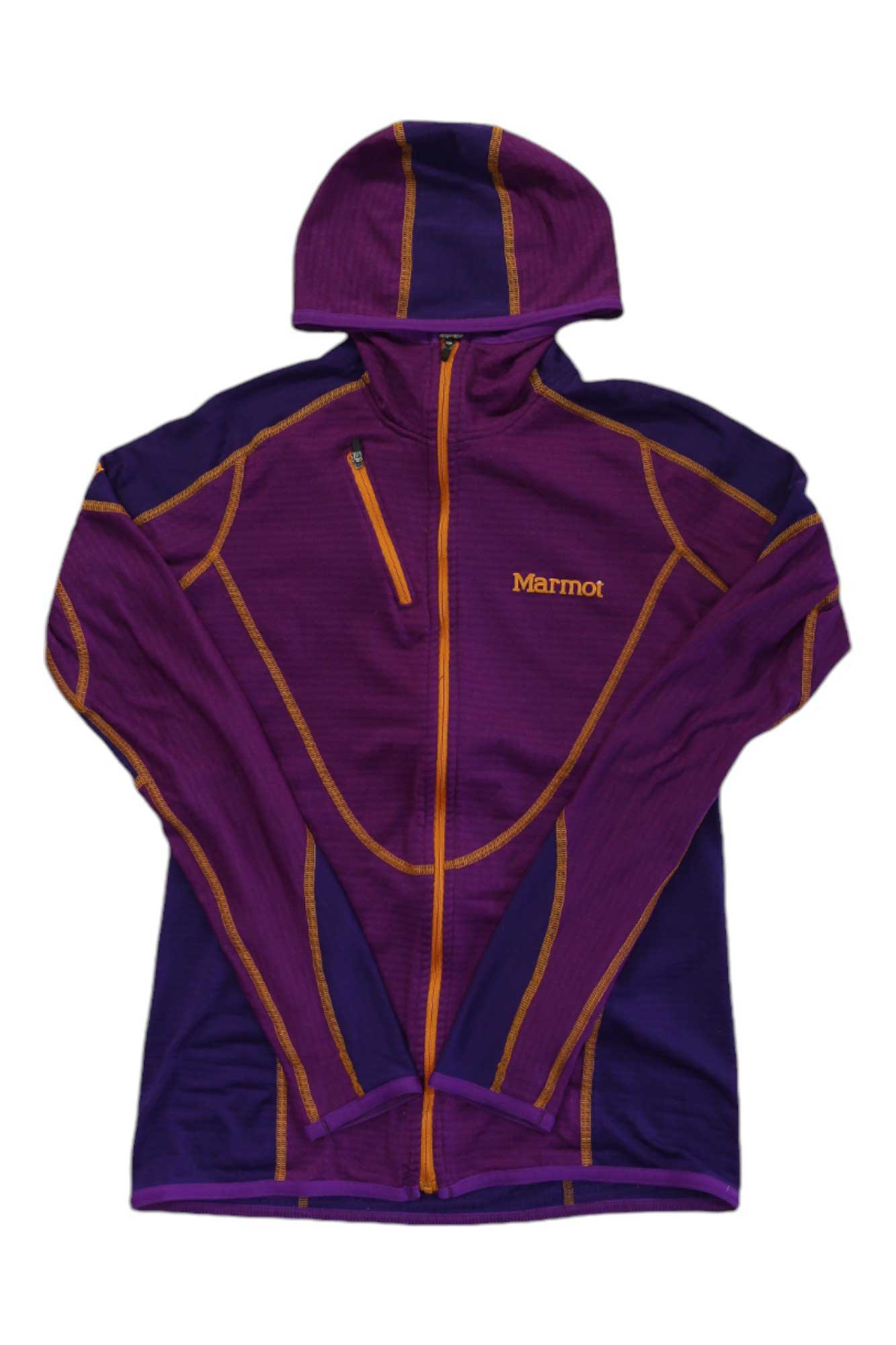 The Hooded Betty Baselayer Top is a purple and dark blue outdoor hoodie with orange seams, a front zipper, chest pocket, and the Marmot logo on the chest.