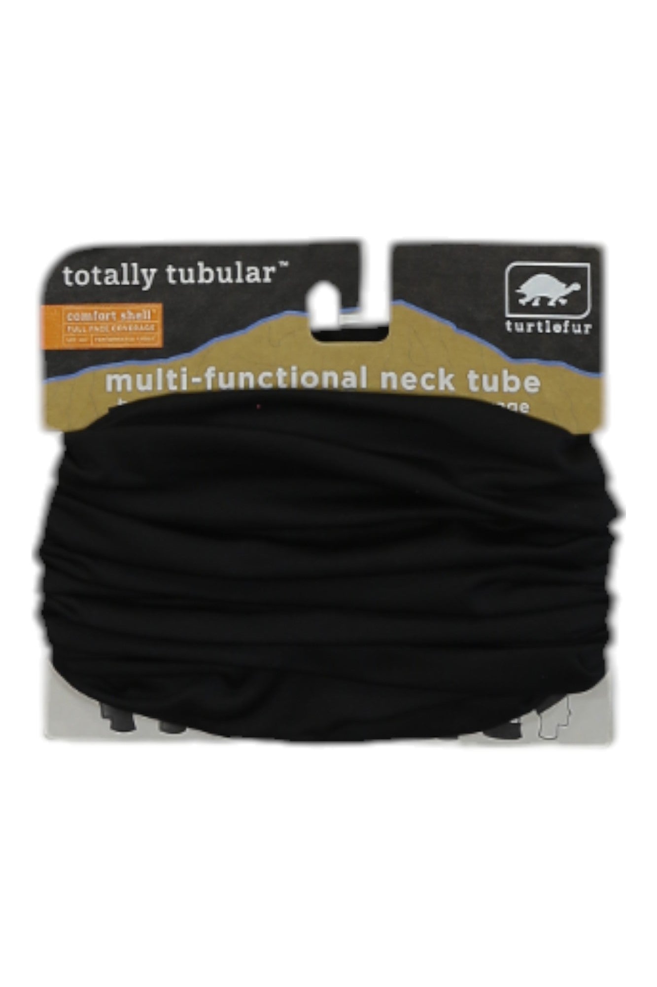 The Turtle Fur Comfort Shell Totally Tubular Neck Warmer, by Turtle Fur, is a black, sun-protective and quick-drying neck tube shown in packaging. It’s designed for versatile use as a neck warmer or head covering.