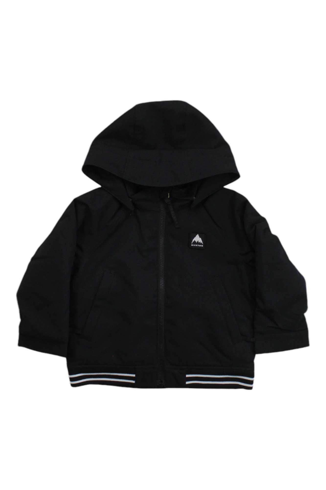 The Burton Toddlers Bomber Jacket is a black outdoor kids jacket featuring a front zipper, two side pockets, a small white mountain logo on the left chest, and white-striped cuffs and hem.
