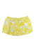 The Womens Juniper Springs 3 Short in yellow and white floral features recycled nylon, an elastic waistband with drawstring, and UPF 50 sun protection, shown on a plain white background.