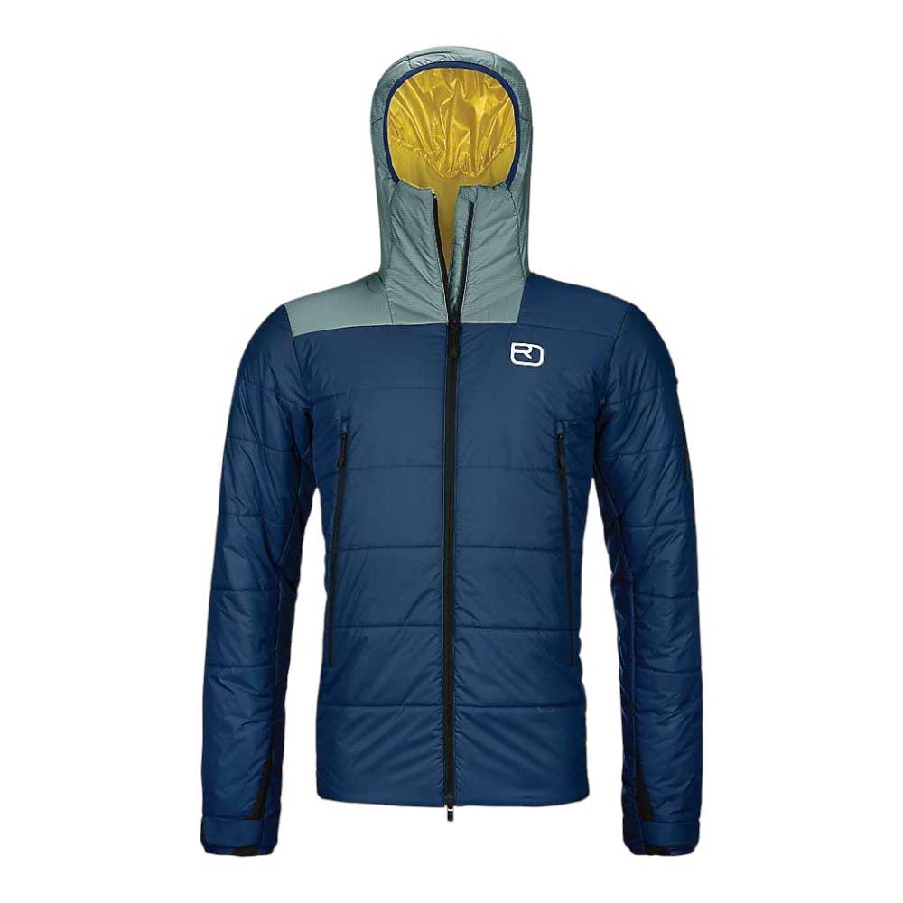 Men's insulated jacket with hood, blue quilted front and teal hood lining