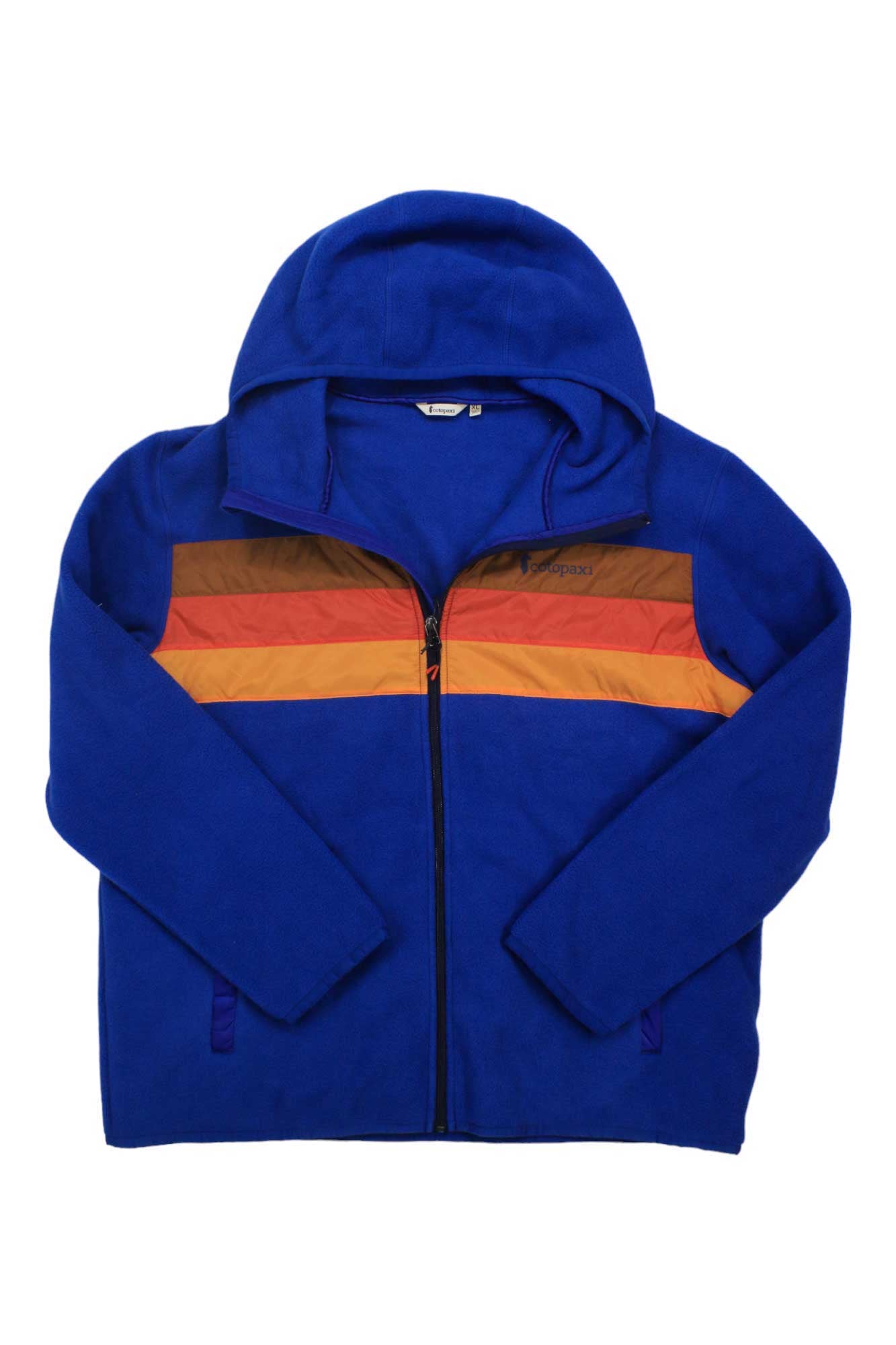 The Cotopaxi Womens Teca Fleece Hooded Full-Zip Jacket is blue with orange and yellow stripes on the chest, long sleeves, side pockets, and made from recycled fleece for warmth and style.