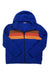 The Cotopaxi Womens Teca Fleece Hooded Full-Zip Jacket is blue with orange and yellow stripes on the chest, long sleeves, side pockets, and made from recycled fleece for warmth and style.