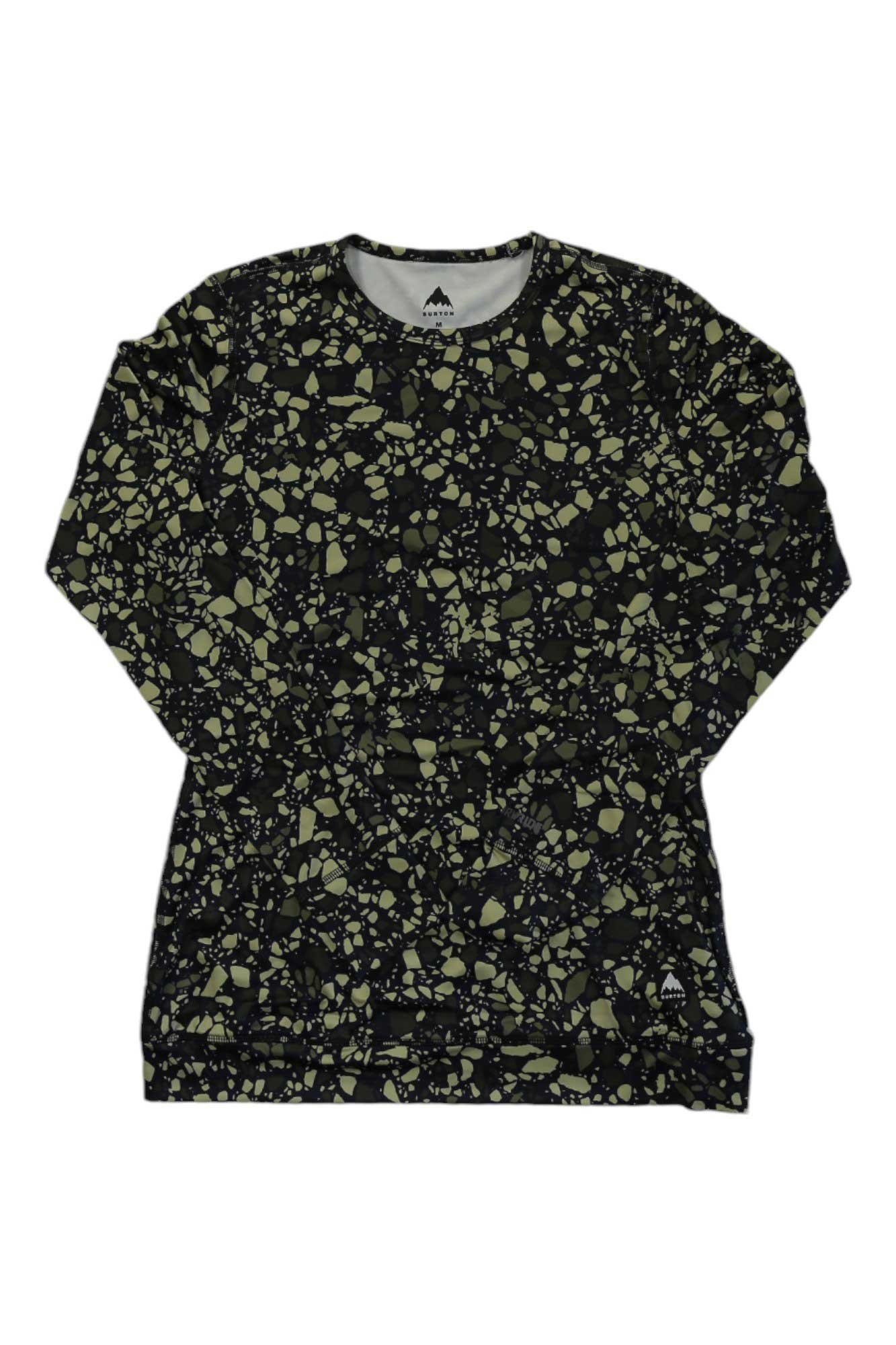 The Burton Womens Midweight Base Layer Crew is a long-sleeve shirt with a black base and green/beige abstract pattern, featuring DRYRIDE Ultrawick tech. Displayed flat on a white background.