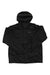 Men's black hooded jacket with front zipper and seam details