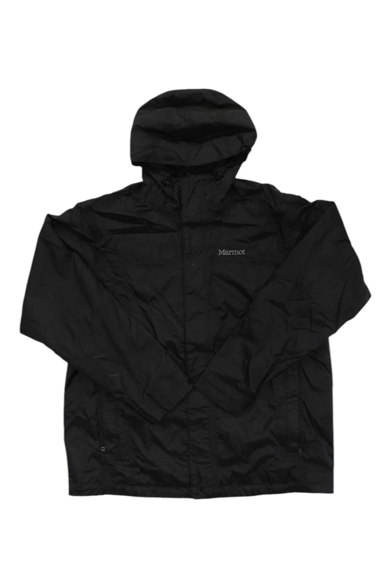 Men's black hooded rain jacket with angled seams and chest logo