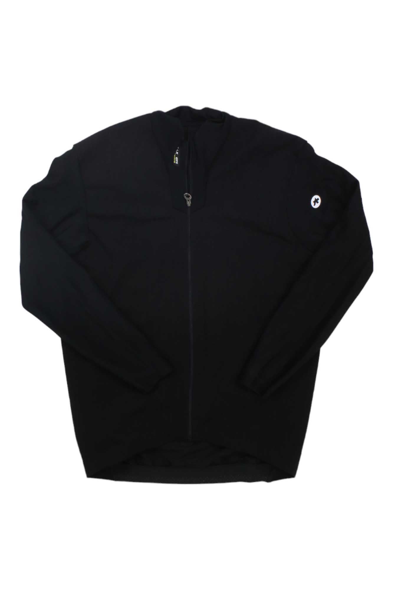 The Assos Mens Mille GTS Spring Fall C2 Jacket is a plain black zip-up with long sleeves, a small round white logo on the left shoulder, and provides light wind protection—ideal for breezy days.