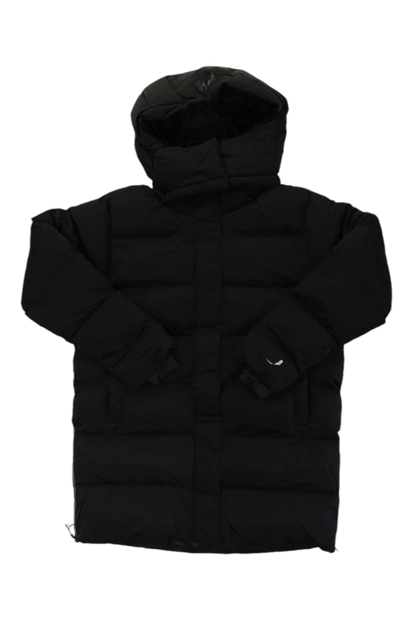 The Helly Hansen Womens Aspire Puffy Parka, in black, features a hood and long sleeves with synthetic insulation for warmth. Laid flat on a white background, it looks thick and is ideal for cold weather.