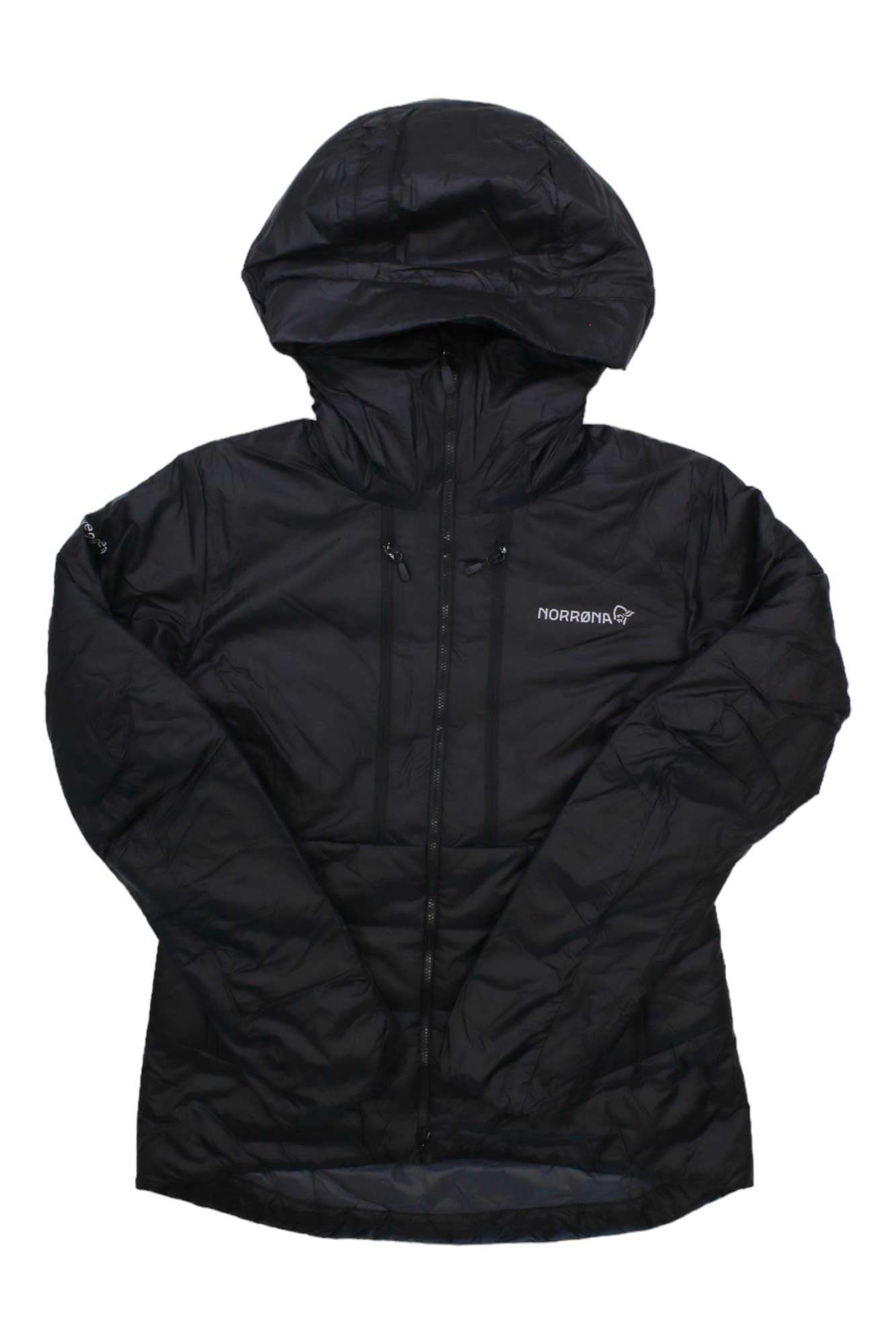 Black hooded zip-up insulated jacket with front zipper and logo on chest