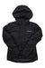 Black hooded zip-up insulated jacket with front zipper and logo on chest